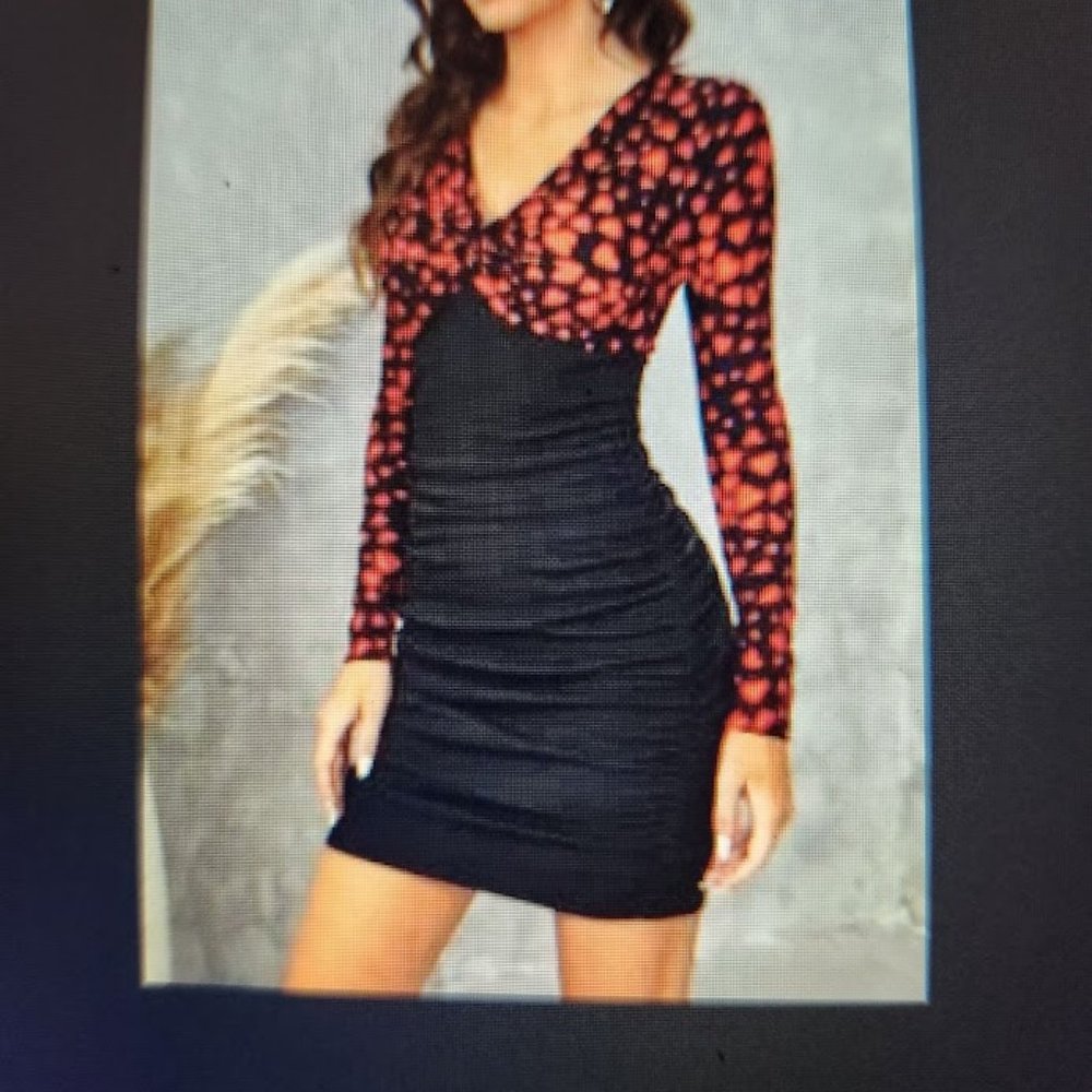 Black Long Sleeve Dress with Twist Heart Patterned Top